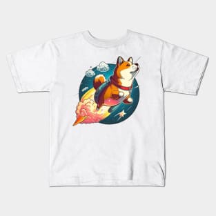 shiba inu flying into space with a rocket Kids T-Shirt